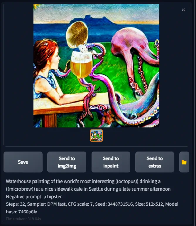 something that looks like an octopus drinking what might be an IPA, while it and what might be a red-haired lady watch the sunset over water and mountain or maybe Arizona I don’t know