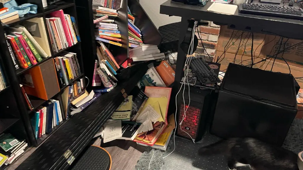 Bookshelf. All the shelves collapsed. All the books piled on the ground. The cat walking away, because clearly his work here is done.