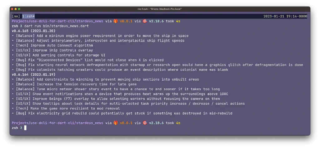 Terminal showing recent updates from the Stardeus game changelog