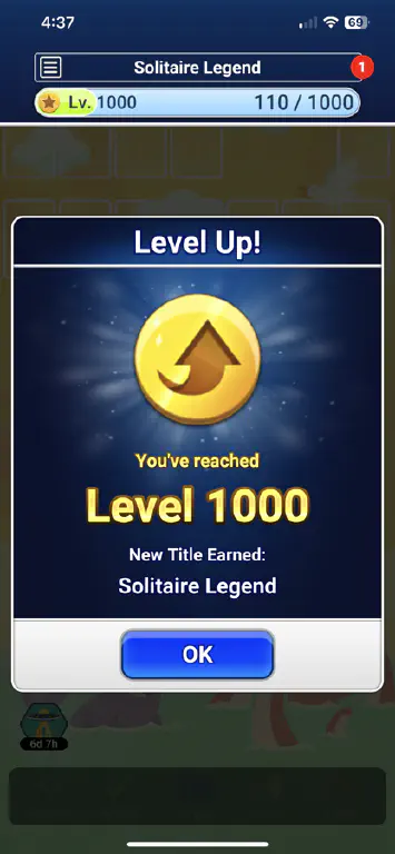 “Level up” dialog for mobile solitaire game marking arrival at level 1,000 and title “solitaire legend”