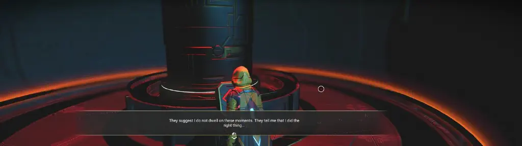 rear view of character at a terminal, with text caption reading &ldquo;They suggest I do not dwell on these moments. They tell me that I did the right thing…&rdquo;