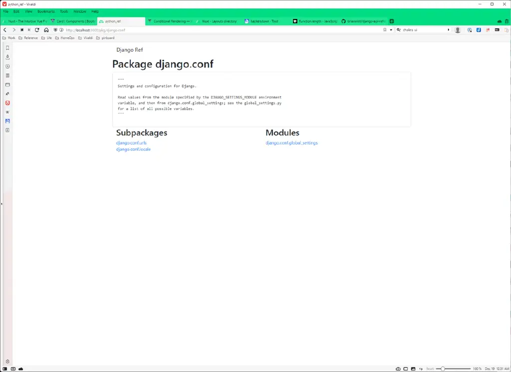 Screenshot of webpage with a django module, its docstring, and its subpackages and submodules in distinct lists.