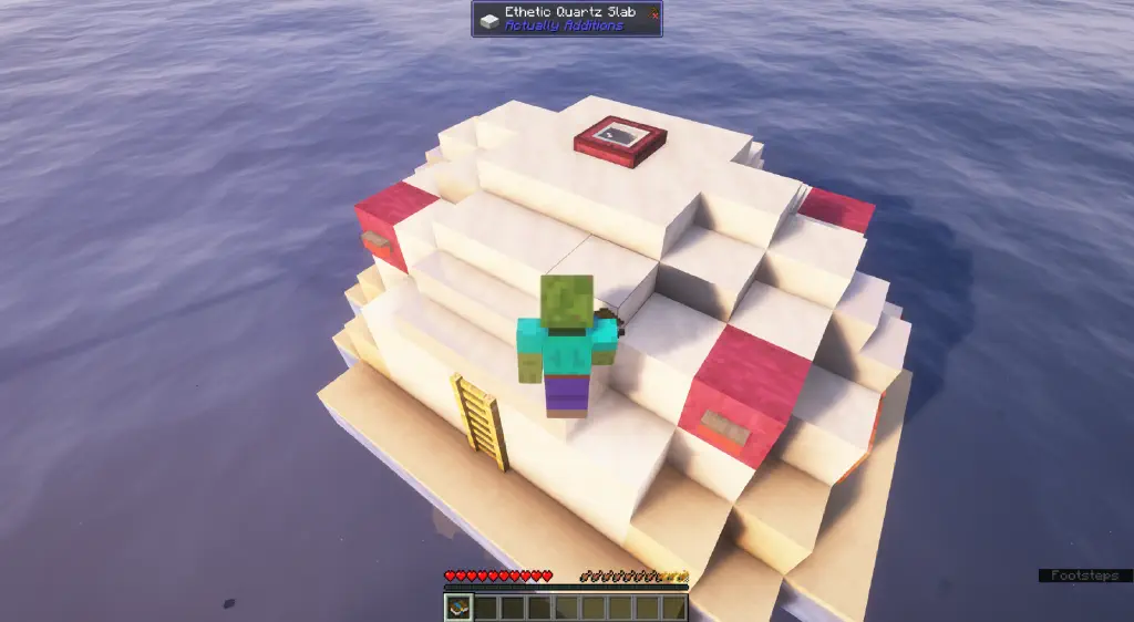 Player with zombie skin stands on a Minecraft rendition of the Subnautica life pod, floating in ocean.
