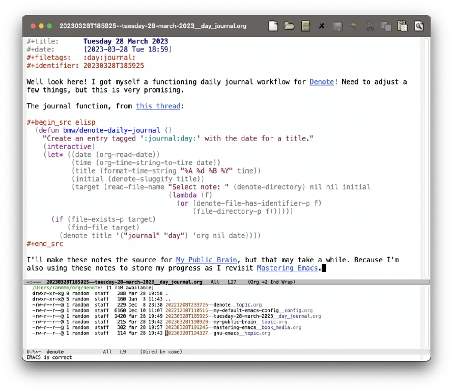 Emacs displaying a journal note and a folder with note files