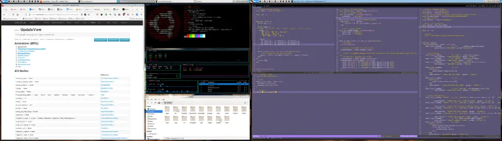 two-monitor screenshot of awesomewm desktop environment mostly with very boring nerdy stuff, but the vim theme is this lovely purple fairy floss style