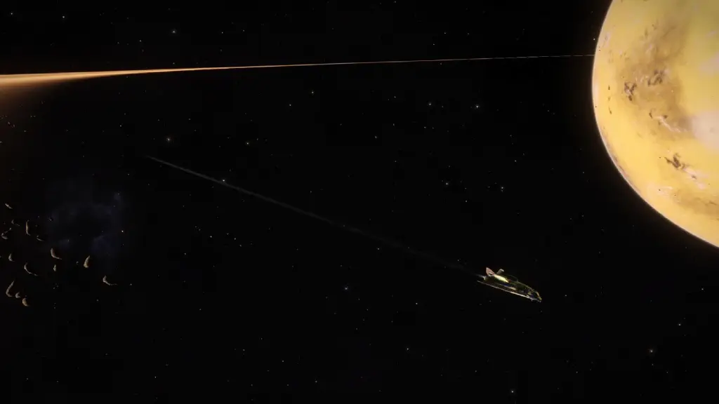 exterior screenshot from Elite:Dangerous, showing a spaceship in the foreground, a ringed planet in the back, and pieces of the planet ring arc in the extreme foreground
