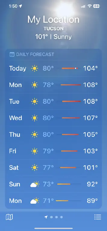 iOS weather app showing highs of 108F this week with a high of 89F next Monday