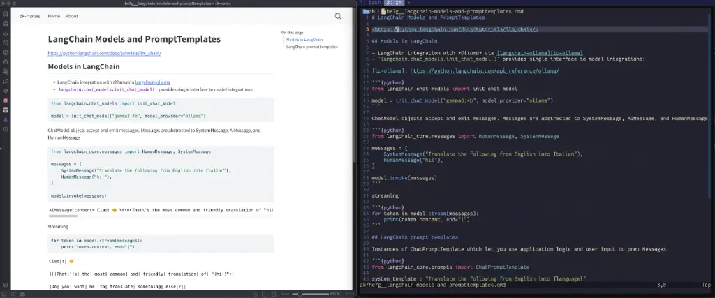 Neovim in a terminal, showing a Markdown file spiked with Python code. Next to the terminal is a browser view, showing the content as HTML along with the results of executing the code.