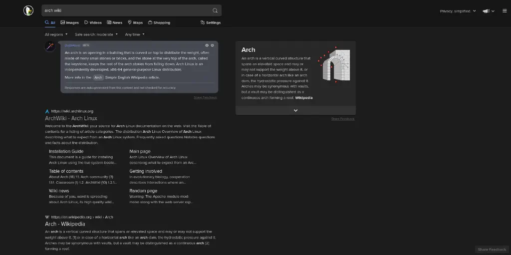 DuckDuckGo search for &ldquo;arch wiki&rdquo; with an automatically generated description of arches, a summary of wikipedia&rsquo;s entry on arches, and below that a link to the Arch Linux wiki