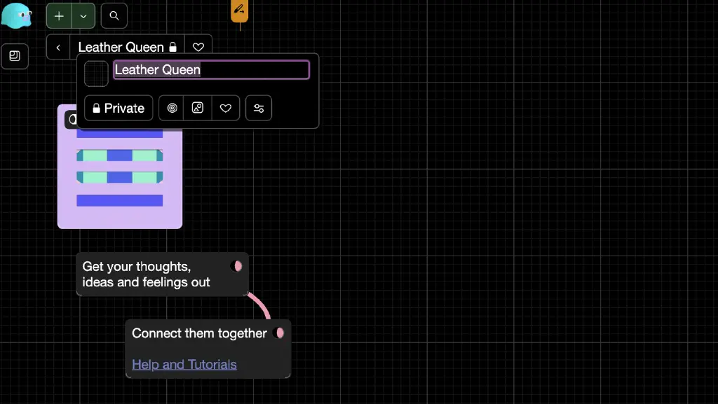 Detail of Kinopio whiteboarding tool, showing that the current space is titled &ldquo;Leather Queen&rdquo;