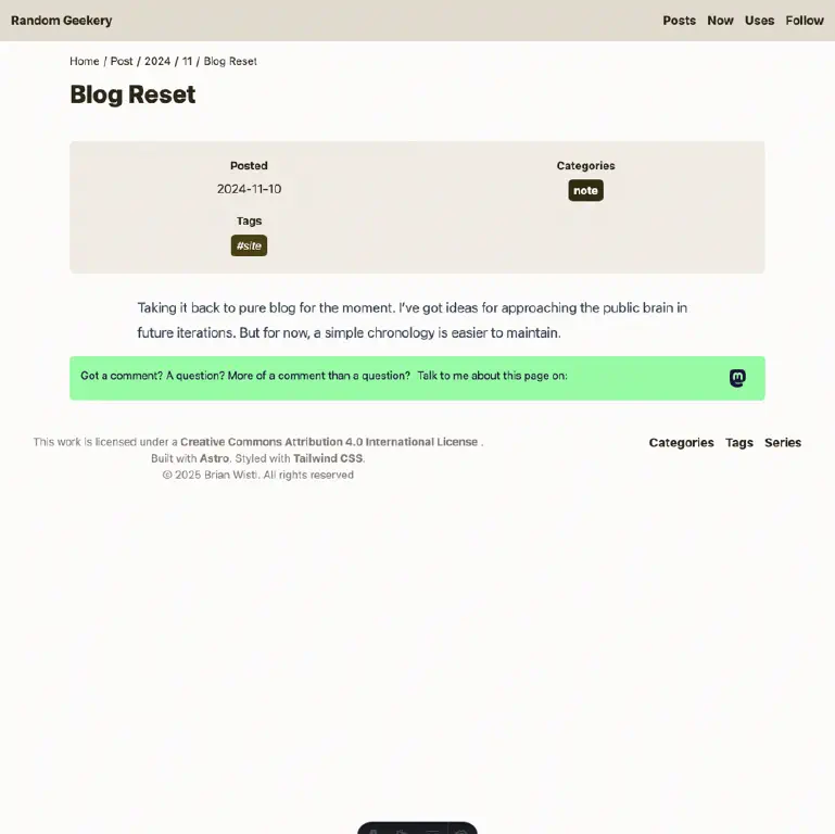 Very short blog page with a green block containing text that invites the reader to talk about this post at the provided Mastodon link.