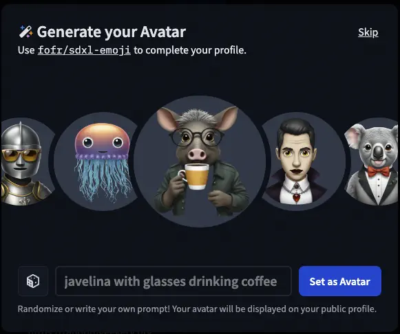 my input prompt is &ldquo;javelina with glasses drinking coffee&rdquo; and the generated image does indeed look a bit like an anthropomorphized hipster representative of the  North American peccary species