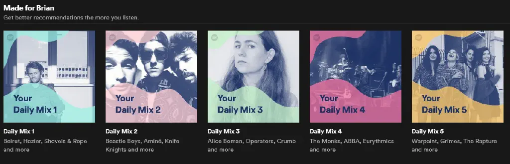 Assorted Spotify &ldquo;Daily Mix&rdquo; summaries