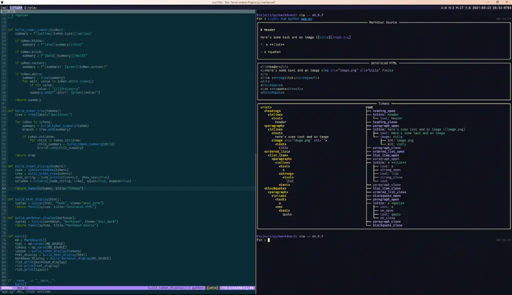 screenshot of split terminal; left half shows Python code; right shows richly formatted markdown source, html output, and multiple views of markdown-it-py parse tokens