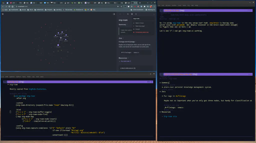 the Emacs setup in question, with org-roam-ui nearby