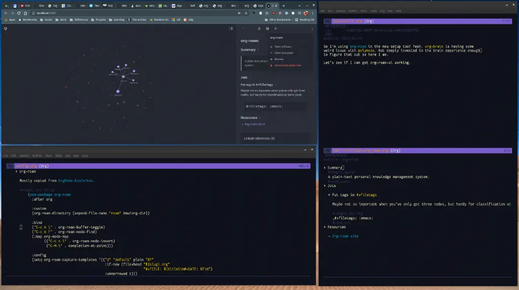 the Emacs setup in question, with org-roam-ui nearby