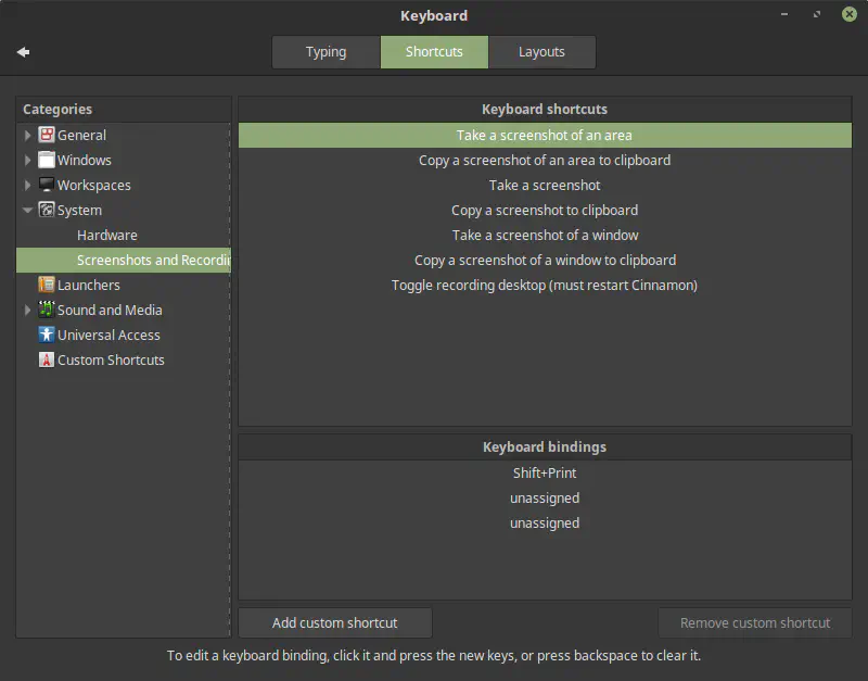 Cinnamon preferences showing keyboard shortcuts for screenshots