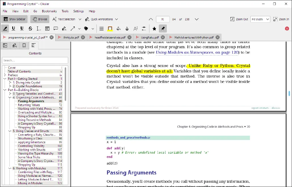 Okular document viewer with several tabs open
