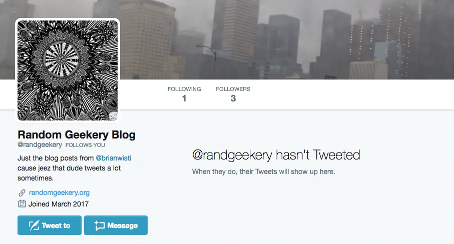 empty Twitter profile for the randgeekery account