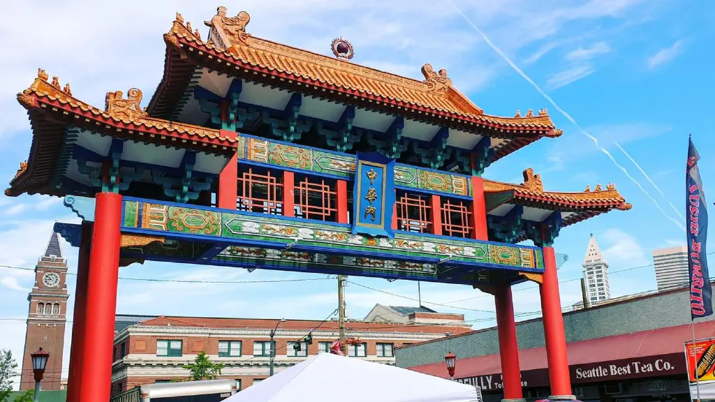 Seattle’s Chinatown Gate with King Street Station and Smith Tower behind