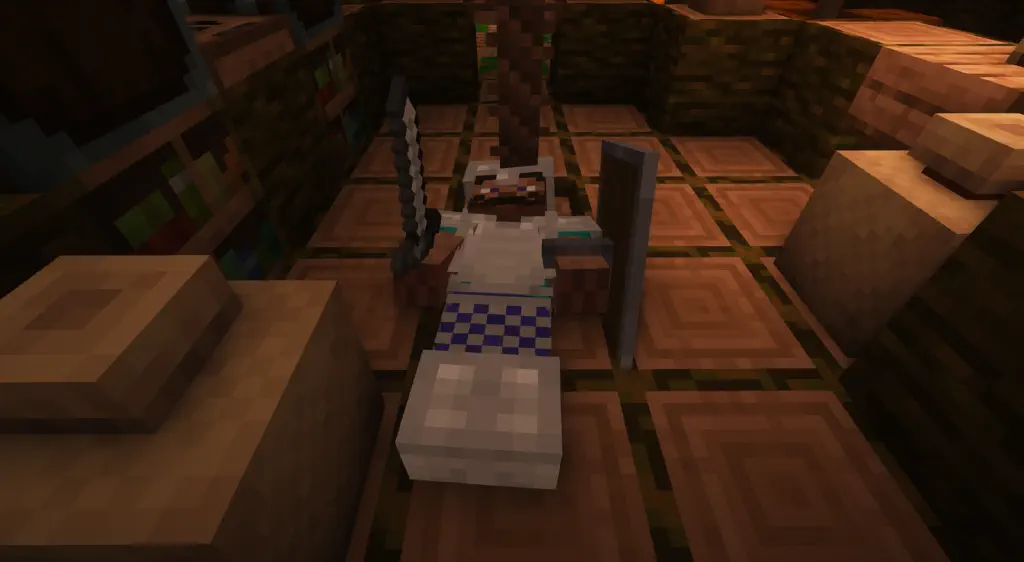 player corpse at the bottom of a rope, with sacks and kitchen workspace nearby