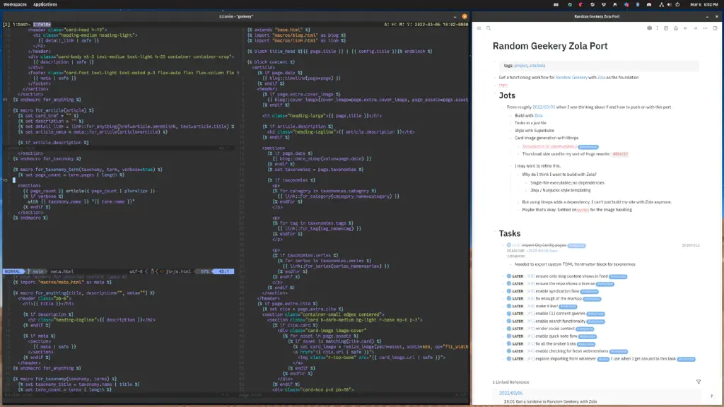 screenshot of logseq showing notes for Zola conversion of my site, and terminal with neovim displaying templates and macros for the site.