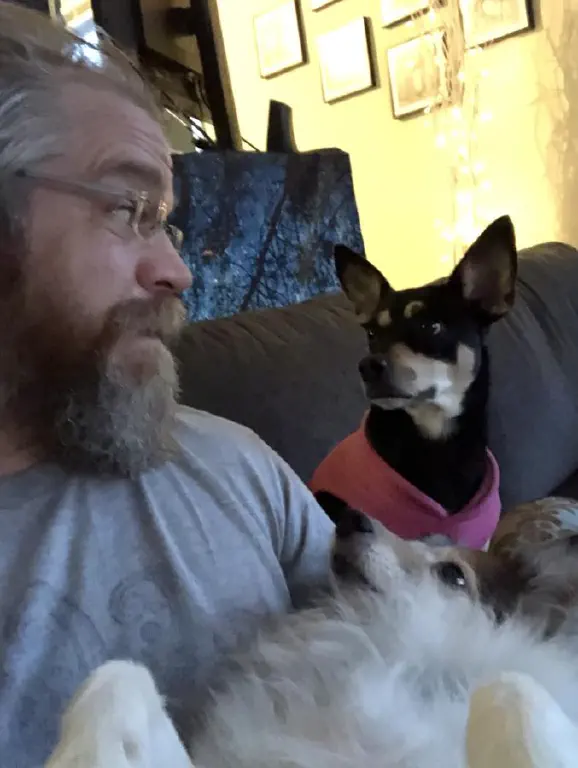 Seated beard guy with dog in lap, laying on her back, while another dog looks on
