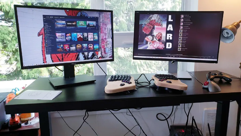 Monitors and keyboard on assembled standing desk