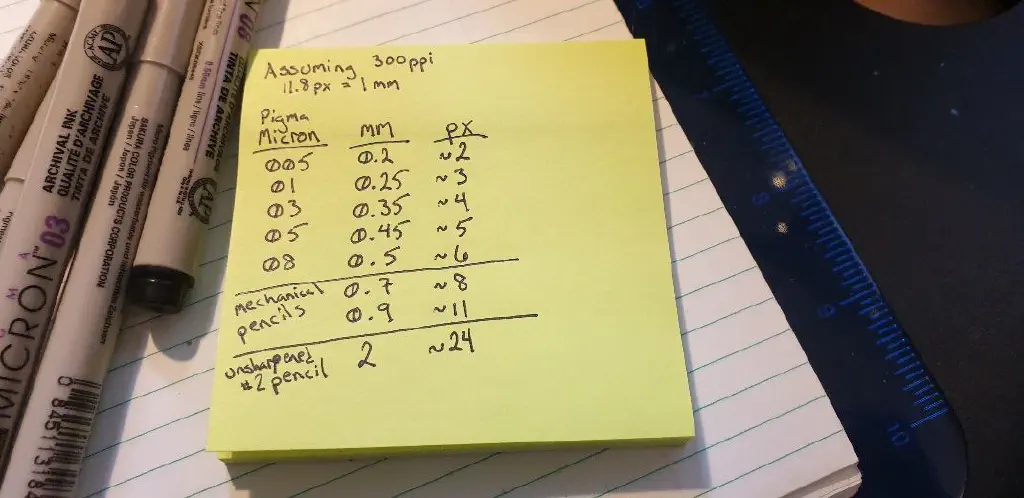 post-it with table of pixels, mm, and corresponding pen/pencil types