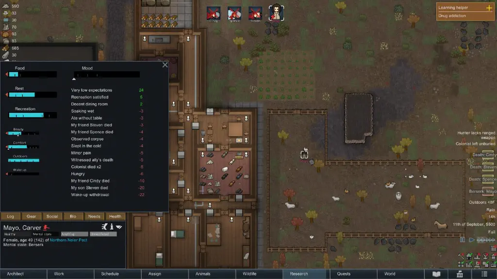 Rimworld screenshot with the one surviving character having a psychotic break in the animal pen