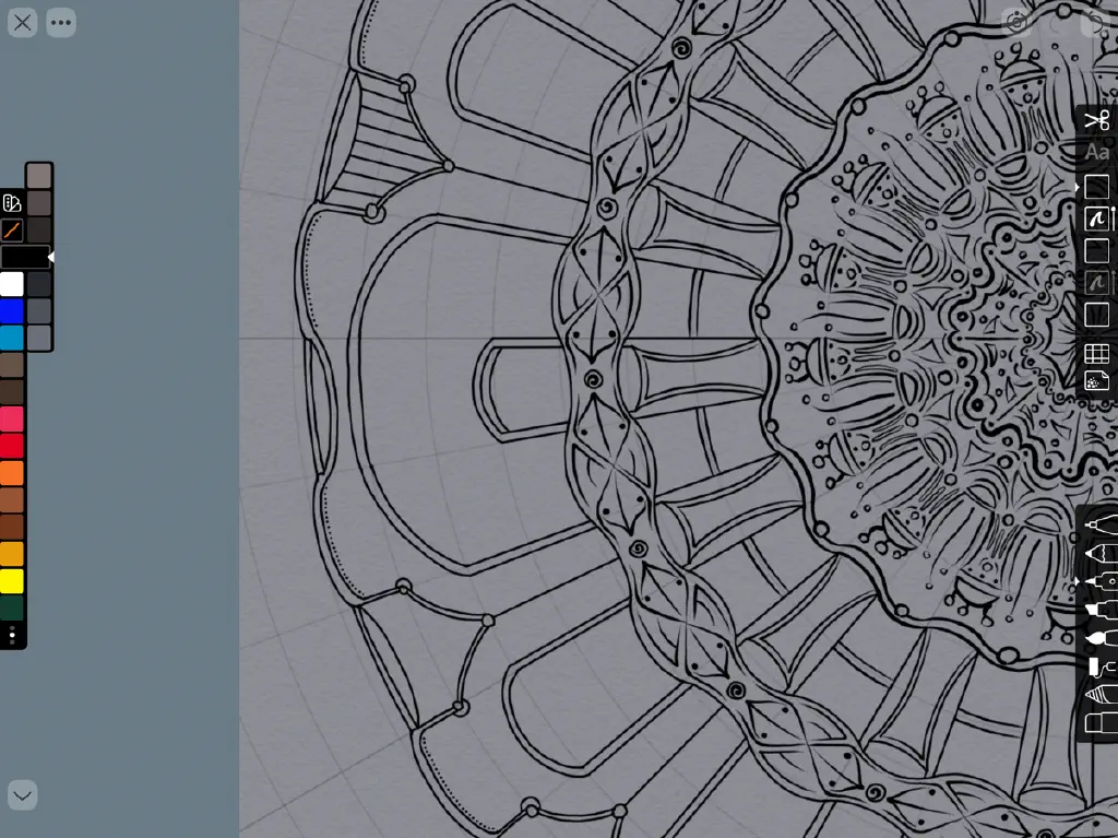 Detail of line drawing in Linea Sketch with patterns made of lines building from thick to thin. 
