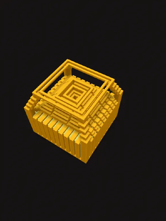 Squared-pixel rendering of a cube with numerous slats and rectangular adornments