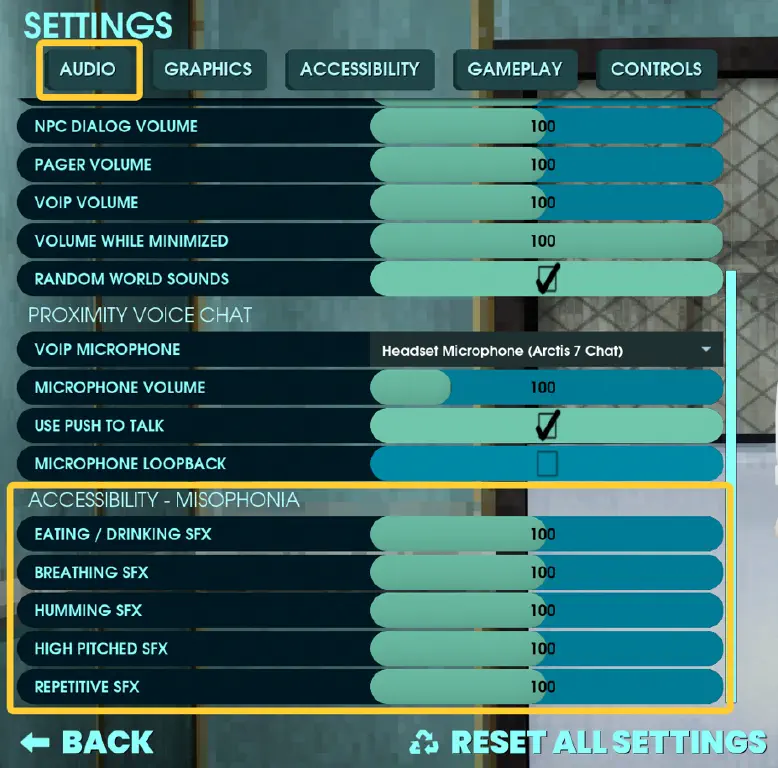 screenshot of game audio settings, including misophonia adjustments for eating / drinking, breathing, humming, high pitched, and repetitive sound effects