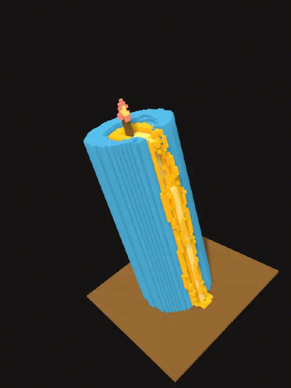 Blue candle with yellow and orange melted bit in 3d pixels