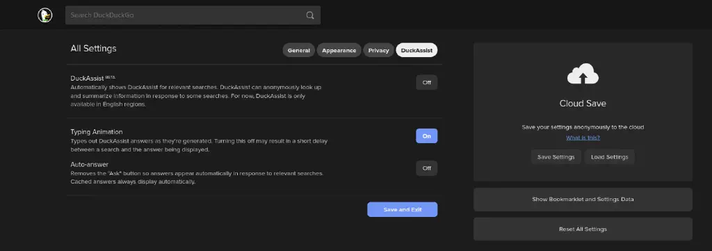 DuckDuckGo settings with DuckAssist disabled