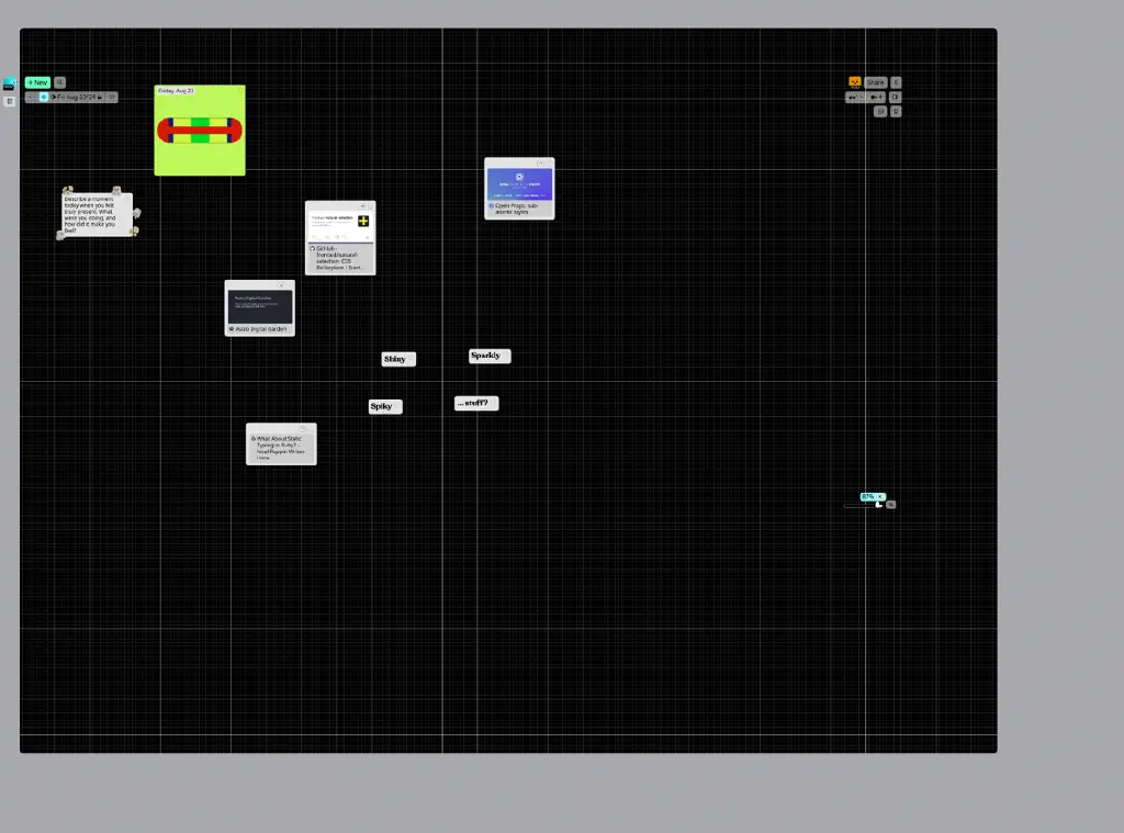 a concept map showing dark background with light grid lines, and evenly space stronger grid lines, similar to graph paper used for cross-stitch. web link cards are dropped onto the workspace, near section title cards “Sparkly,” “Shiny,” “Spiky,” and “…stuff?”