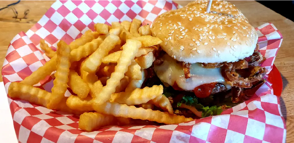 fireball cheeseburger with fries