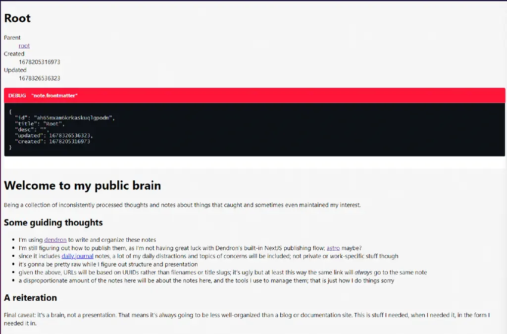 A Web page with lots of debugging information and some prose describing &ldquo;my public brain&rdquo;