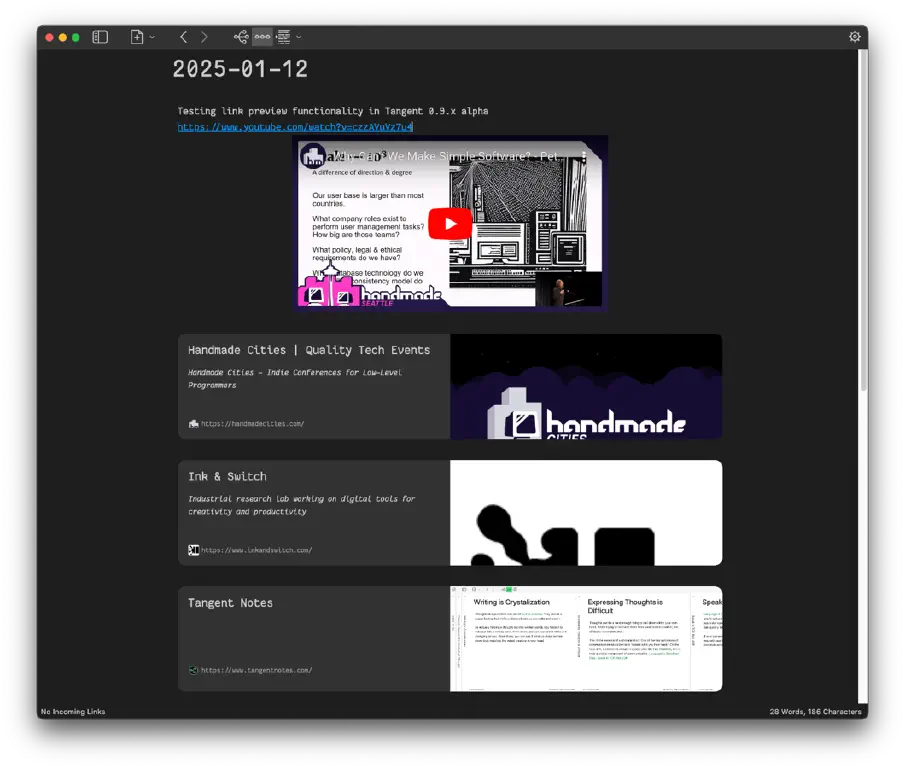 Daily journal page in Tangent Notes application with cursor on a YouTube link, showing a video embed player below the link. There are also link preview cards for sites visible on the page.