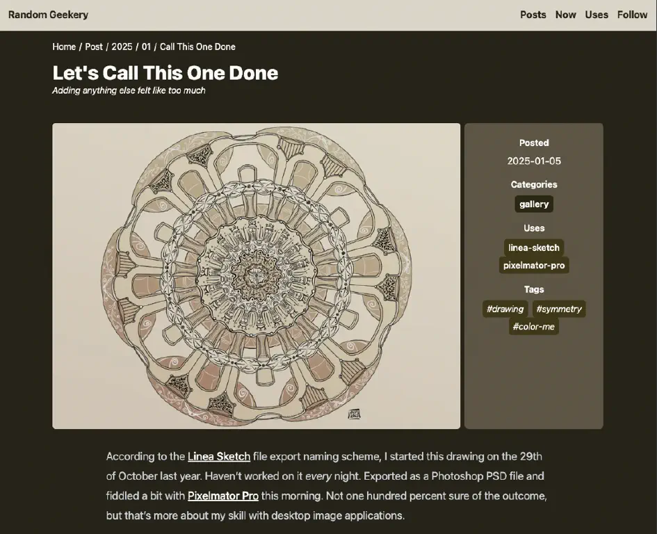 blog page focusing on a posted drawing, with metadata about the post placed to the side of the drawing image