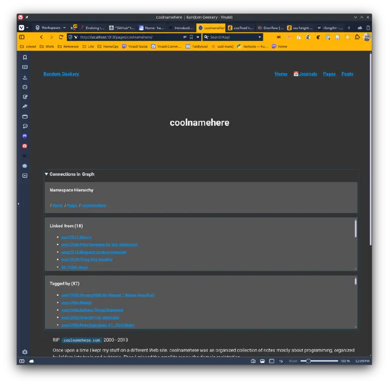a note page about my old site coolnamehere.com with sections showing showing the path from this note to the home page, a scrollable list of pages that link to it, and a scrollable list of pages that have referenced this page as a tag. The blue text of links is hard to read against their light gray background.