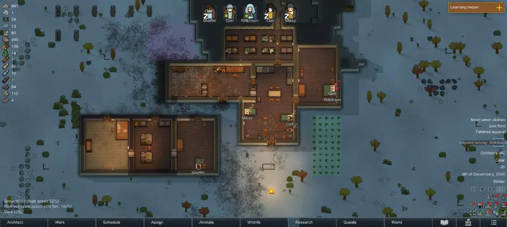 Rimworld base with nice granite tile floors absolutely covered in blood and other filth