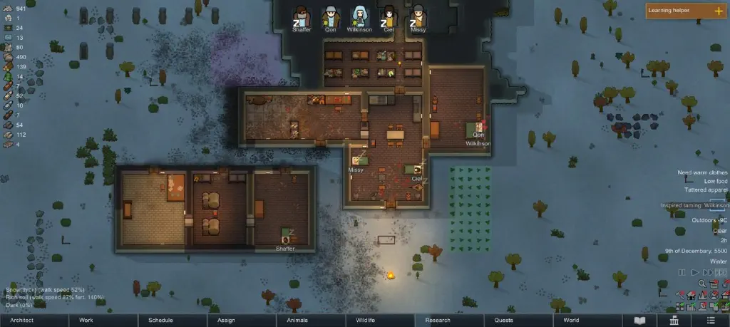 Rimworld base with nice granite tile floors absolutely covered in blood and other filth