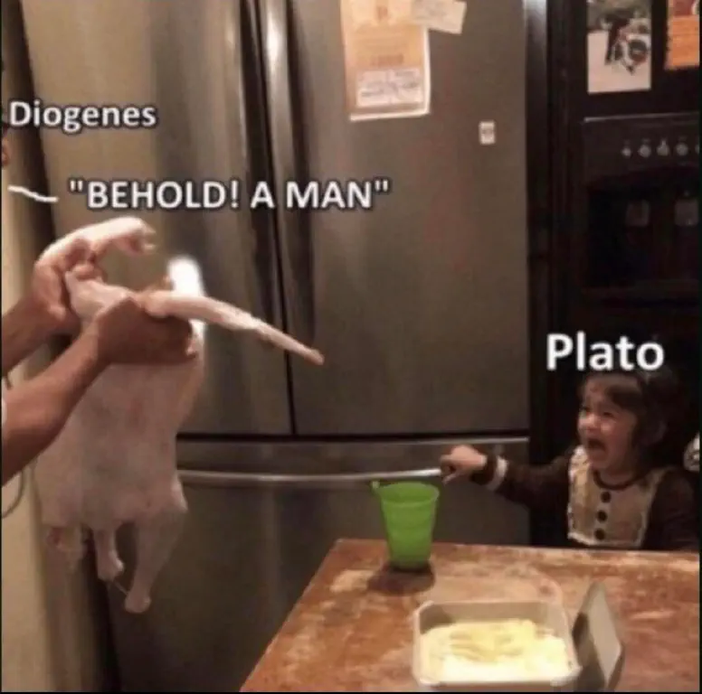 Someone labeled by meme as Diogenes presenting a plucked chicken to a crying toddler labeled Plato, with caption &ldquo;BEHOLD! A MAN!&rdquo;
