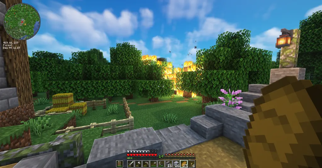 a minecraft forest is on fire