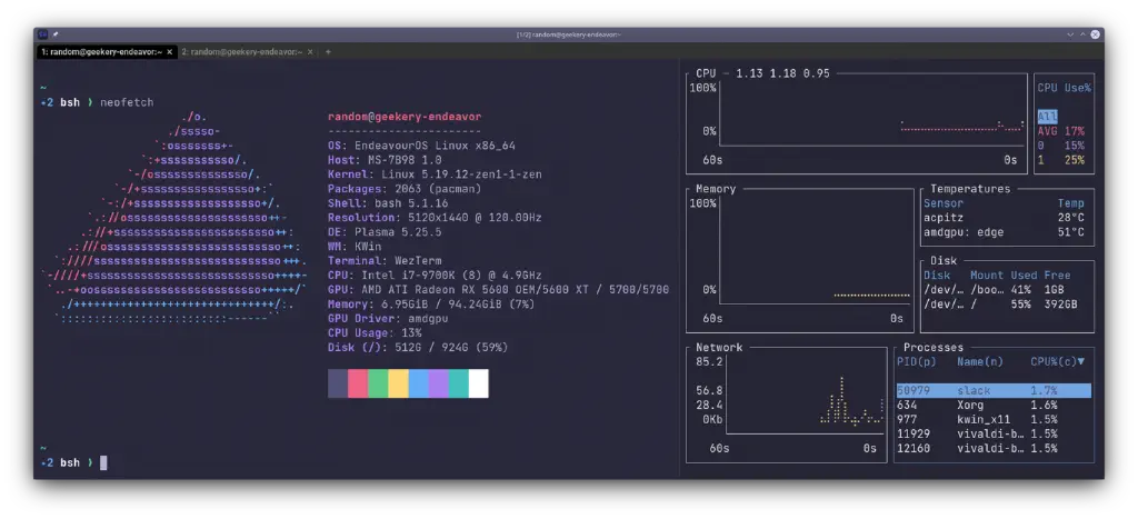 split terminal with neofetch system info on the left and btm process monitor on the right