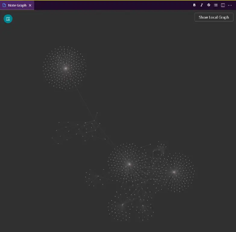 Screenshot of Dendron graph showing structure and links to demonstrate that large distinct node clusters are still lightly connected to a central cluster