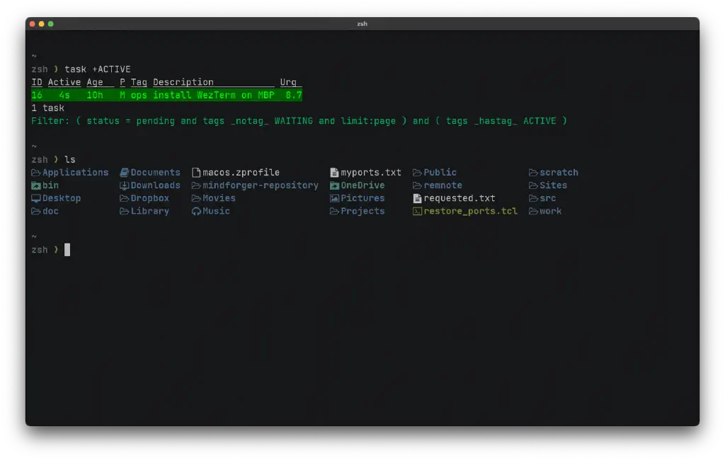 terminal showing directory listing and an active Taskwarrior task to install WezTerm terminal emulator