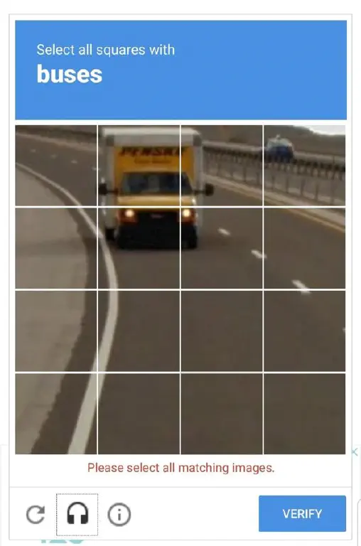 captcha screenshot, tiled photo of Penske moving van driving on a road. Instructions are to identify squares with a bus.