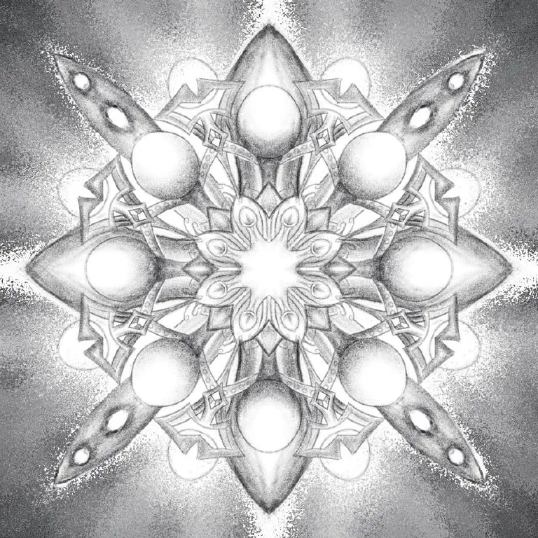 Radial symmetry mandala-style drawing with strokes resembling pencil sketches and shading